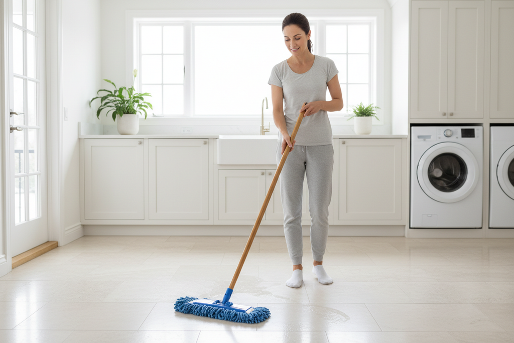 Using 48-inch mop for floor cleaning